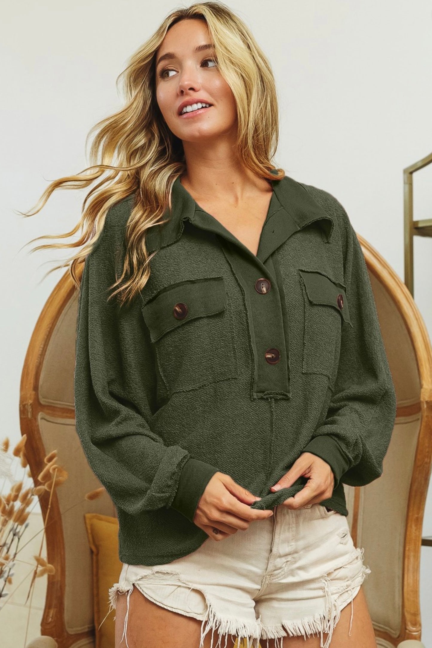 Olive You French Terry Button Detailed Top