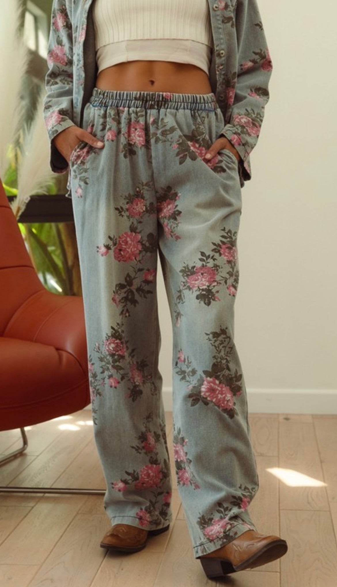 Vintage Floral Wide-Leg Denim Pants