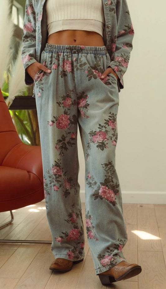 Vintage Floral Wide-Leg Denim Pants