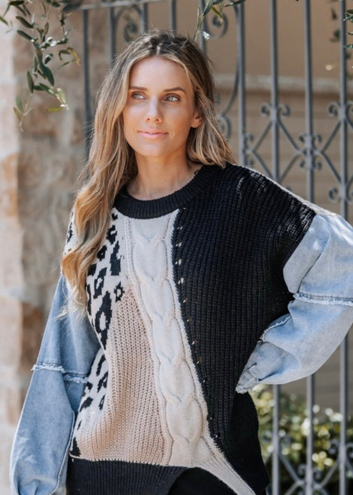 Patchwork Denim & Knit Sweater