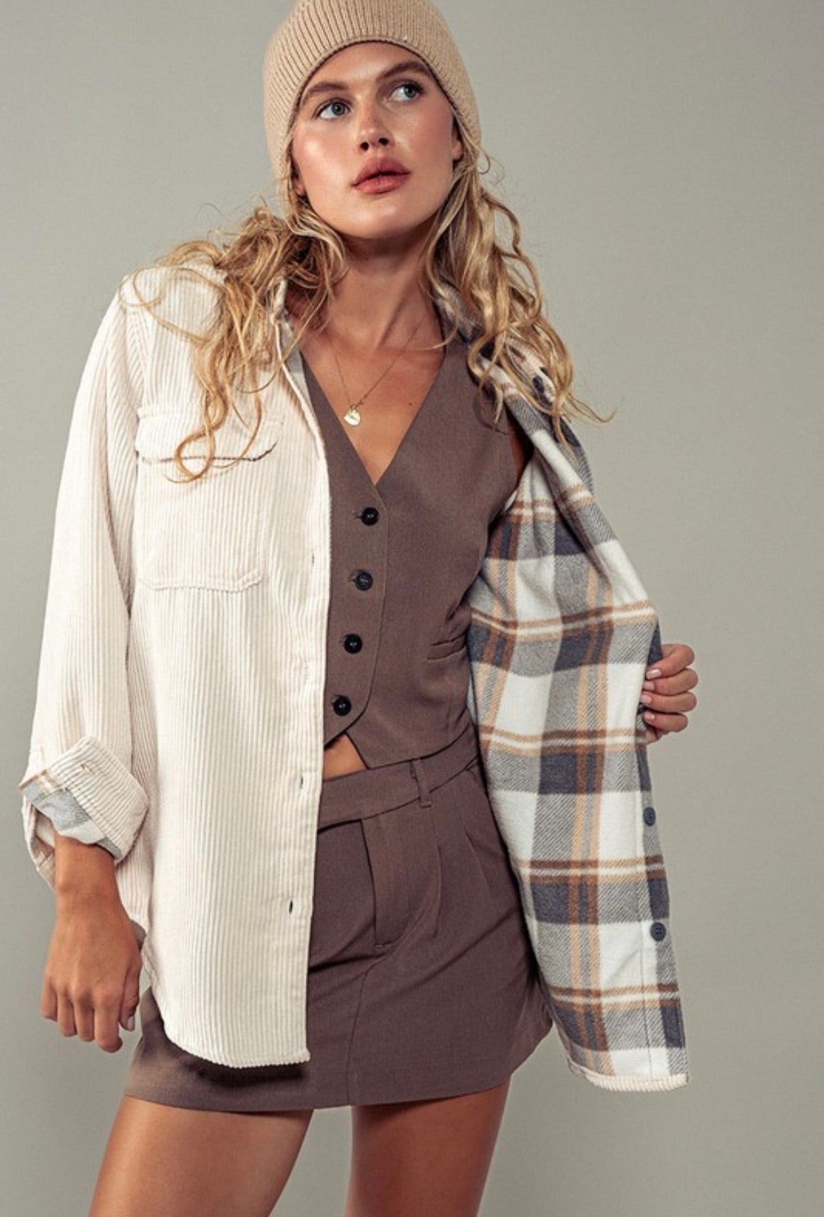 Reversible Plaid & Corduroy Shacket