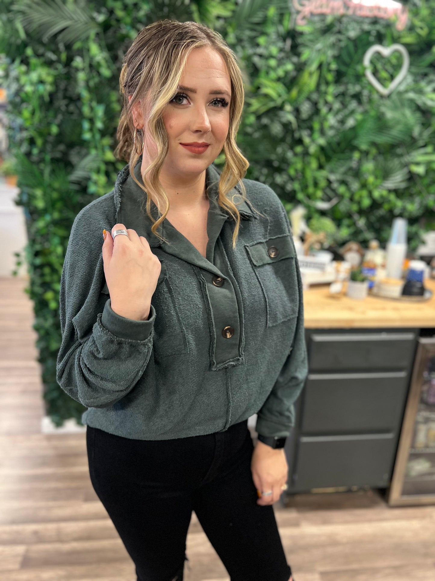 Olive You French Terry Button Detailed Top